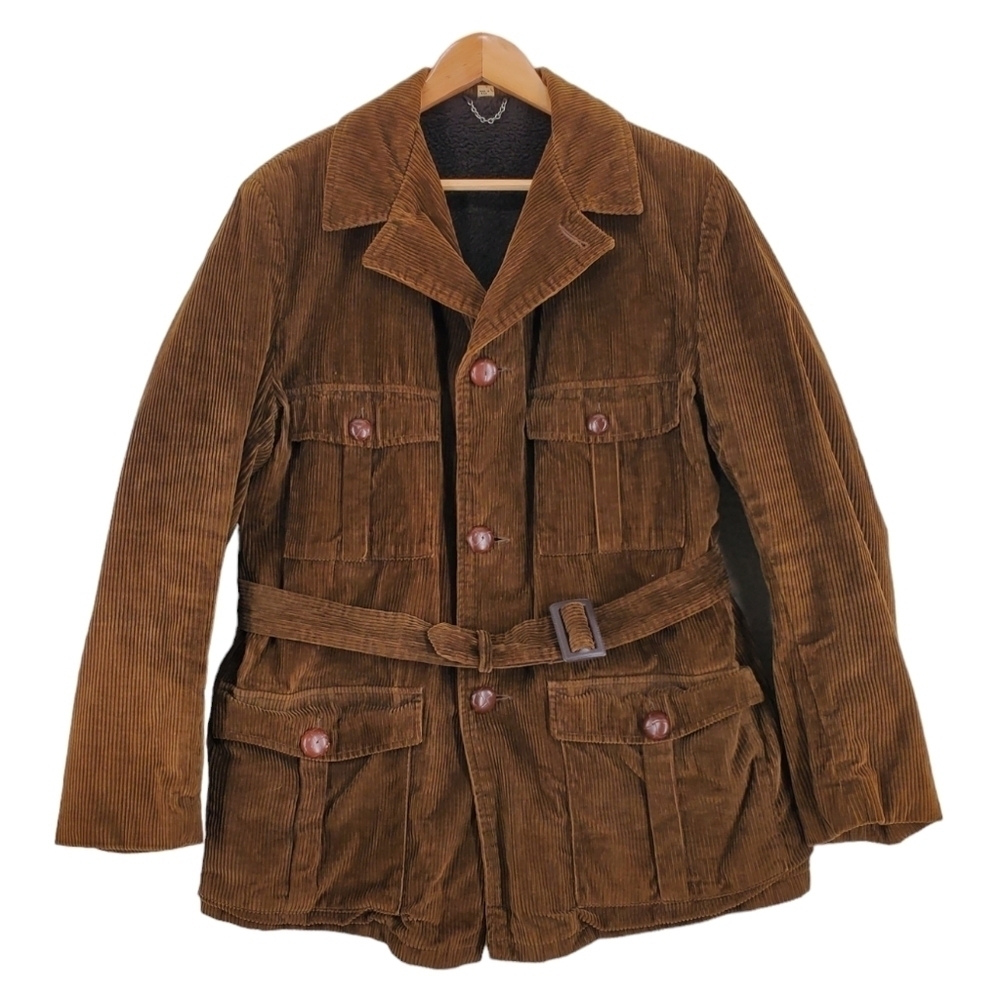60s Narragansett Coat Corduroy Brown Jacket Fleece Lined Belted Cargo Pkts Ms 40